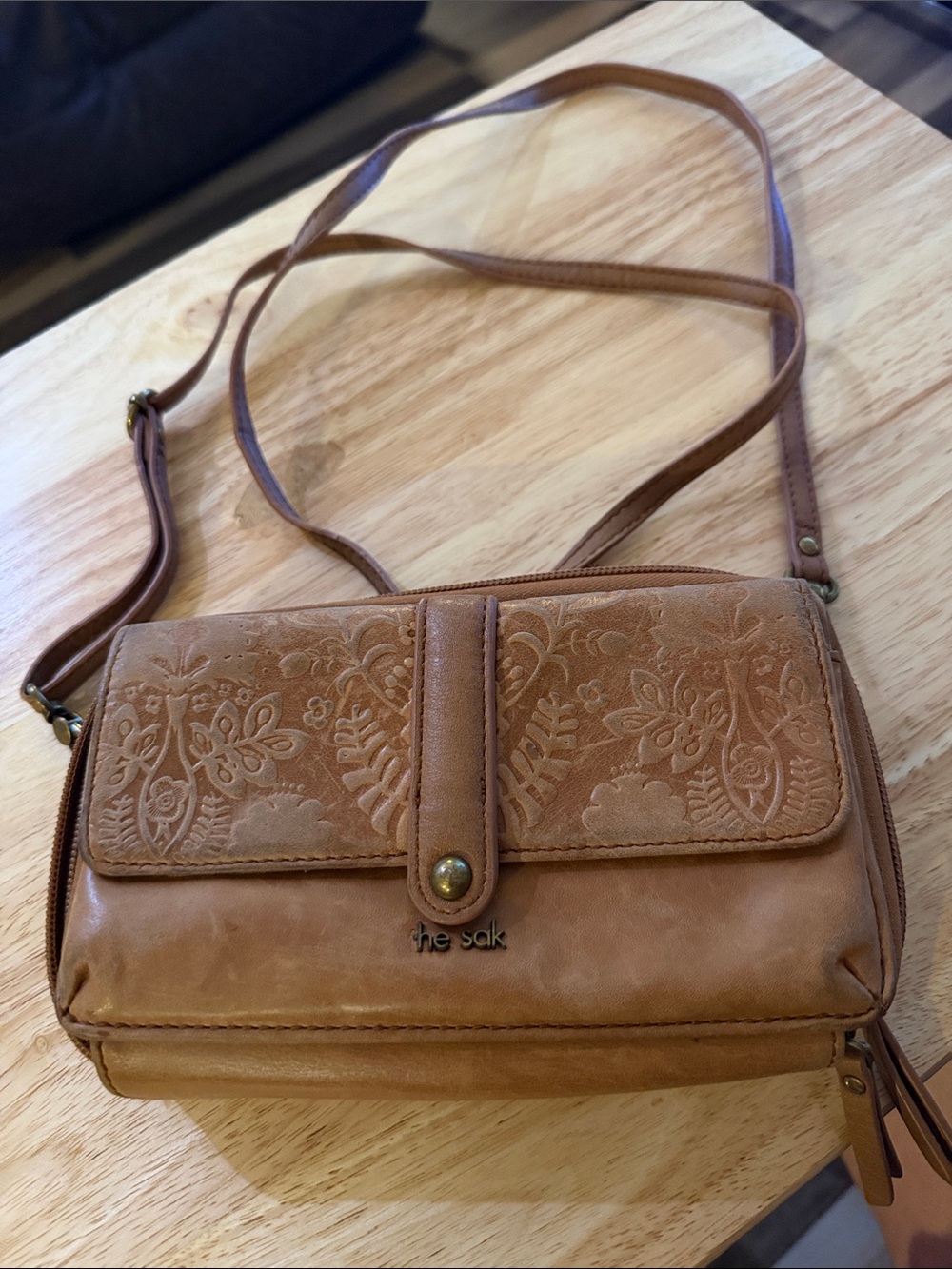 The Sak Tan Embossed Floral Crossbody Bag